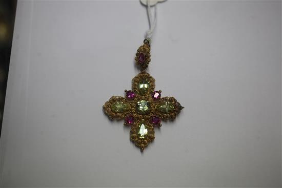 A late Victorian gold, ruby and green chrysoberyl set cross pendant, 2.5in.